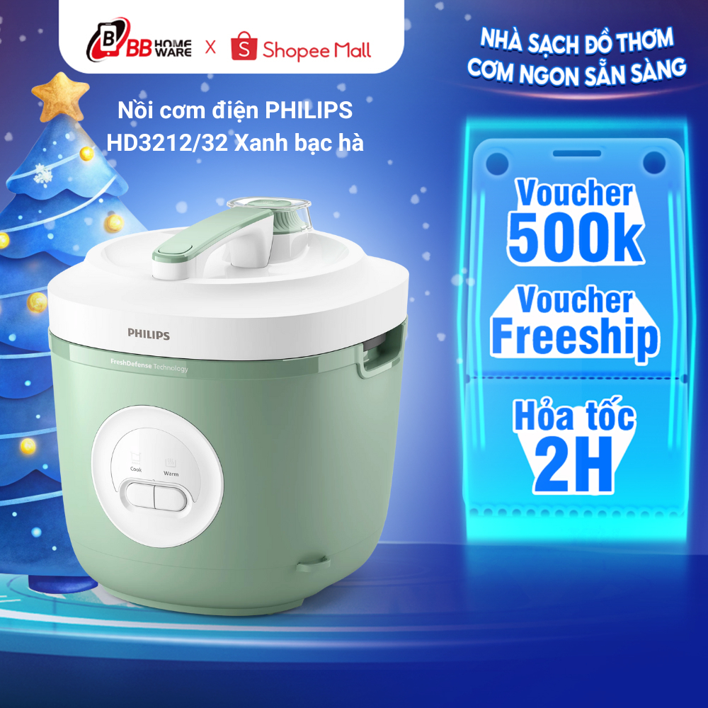Nồi Cơm Điện PHILIPS HD3212/32 Xanh Bạc Hà - Nấu Nhanh, Giữ Ấm 48 Giờ, Kèm Xửng Hấp, Cốc Đong