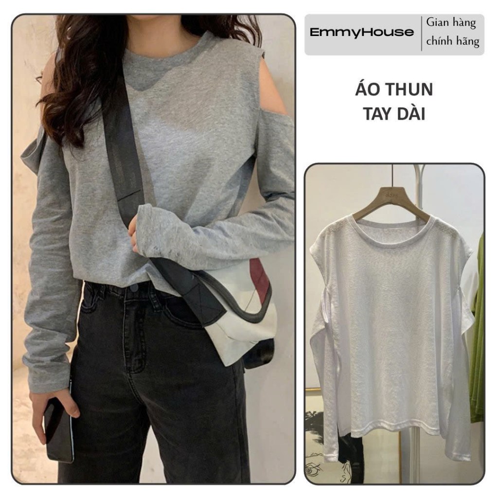 [EMH] Áo Thun Dài Tay Khoét Vai Nữ Chất Liệu Mỏng Nhẹ Thời Trang- AO463