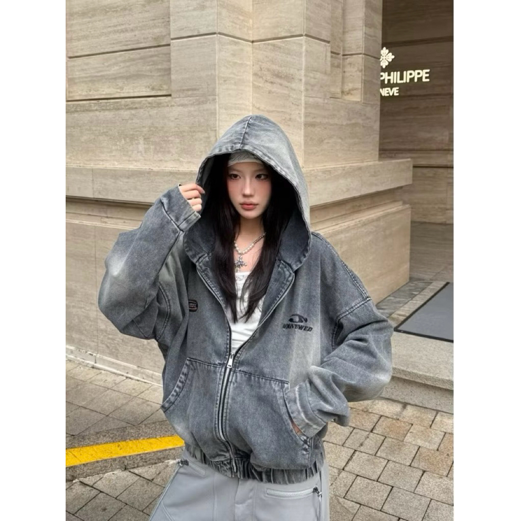 Áo khoác jean YICI nón Jean Form Rộng Unisex Nam Nữ - Áo khoác denim wash màu Jejul | BigBuy360 - bigbuy360.vn