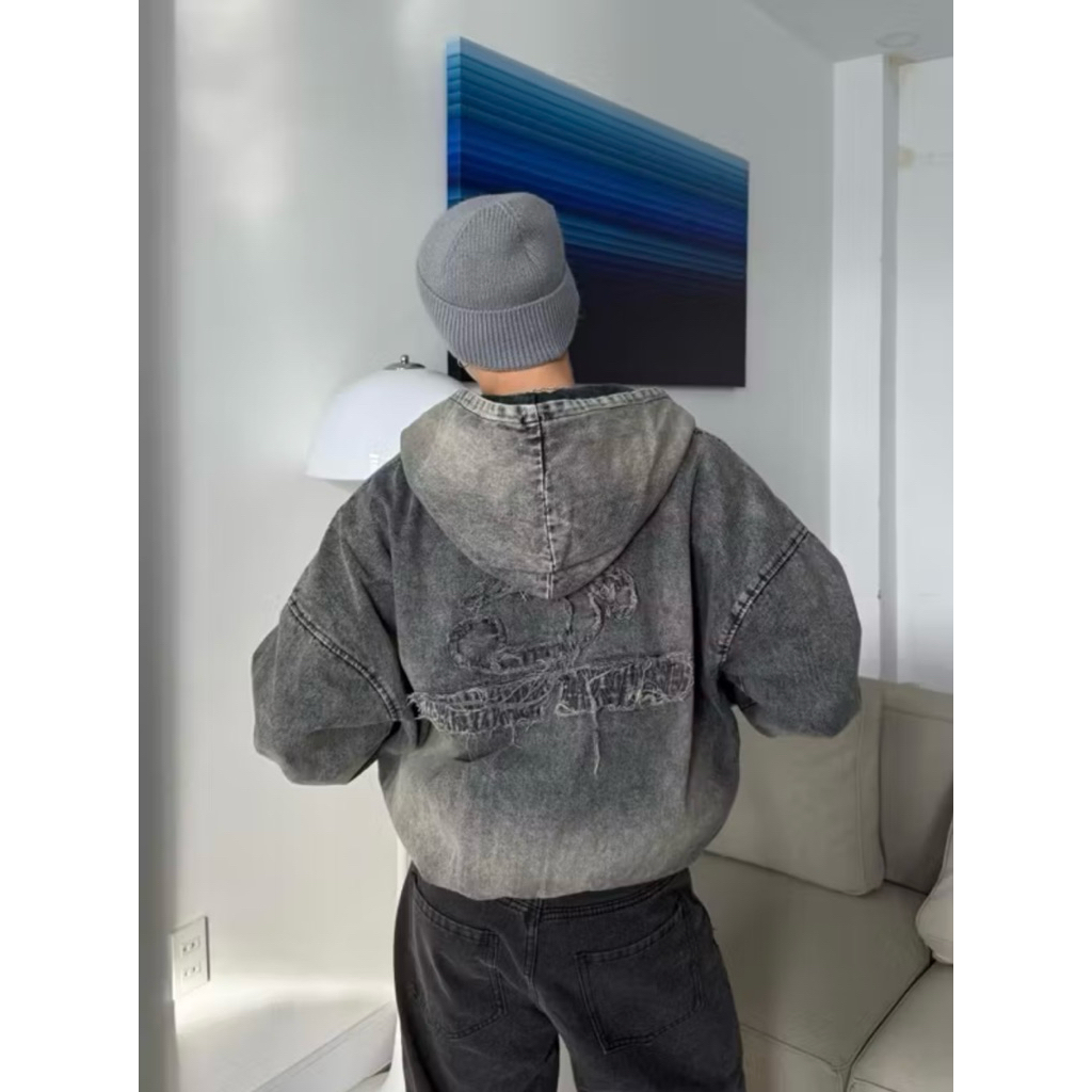 Áo khoác jean YICI nón Jean Form Rộng Unisex Nam Nữ - Áo khoác denim wash màu Jejul | BigBuy360 - bigbuy360.vn