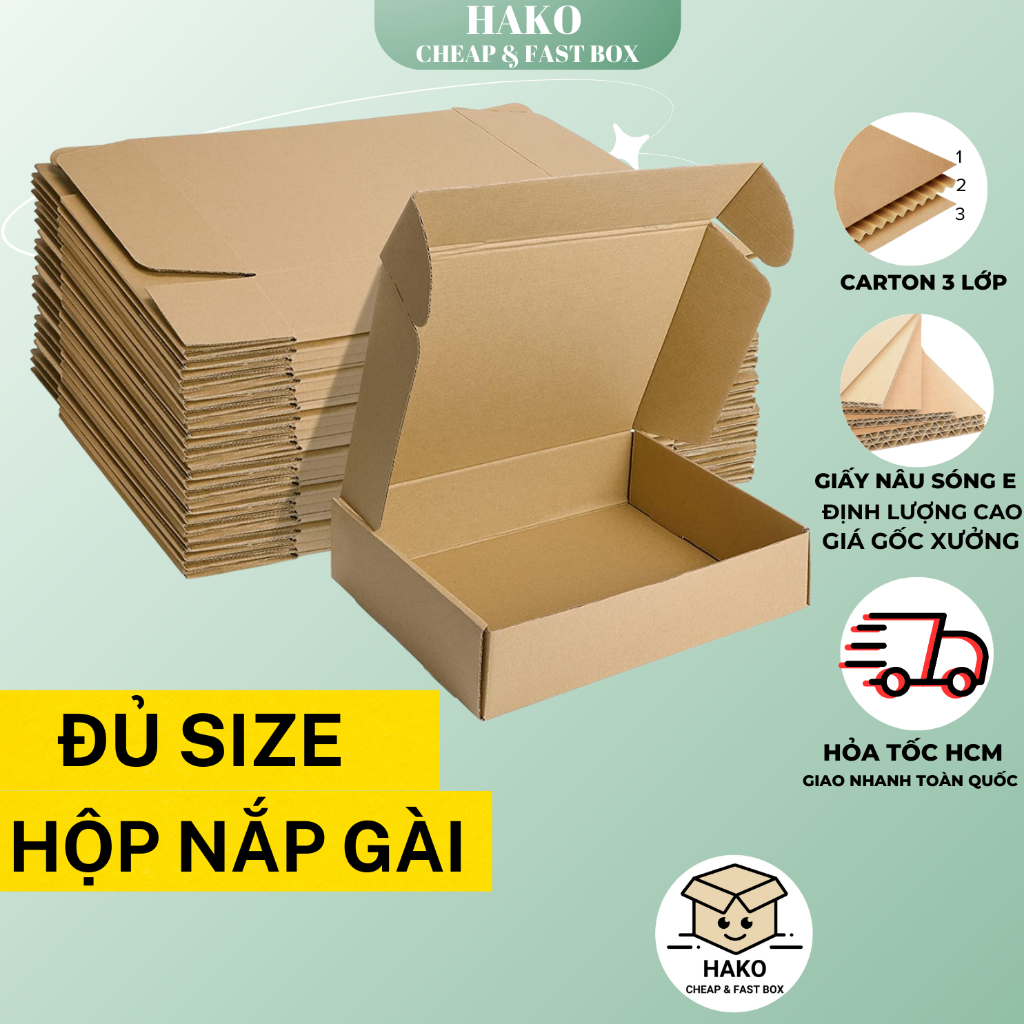 combo 10 Hộp carton nắp gài , hộp xếp nắp cài đóng hàng giá rẻ đựng quà Hako box nhiều size