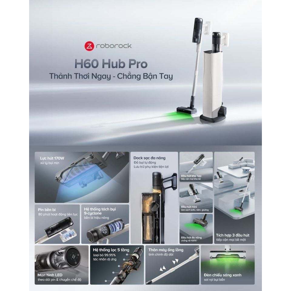 [ROBOROCK] Roborock H60 Hub Pro máy hút bụi cầm tay không dây cao cấp - Hệ lọc 5 tầng - Bh 2 năm