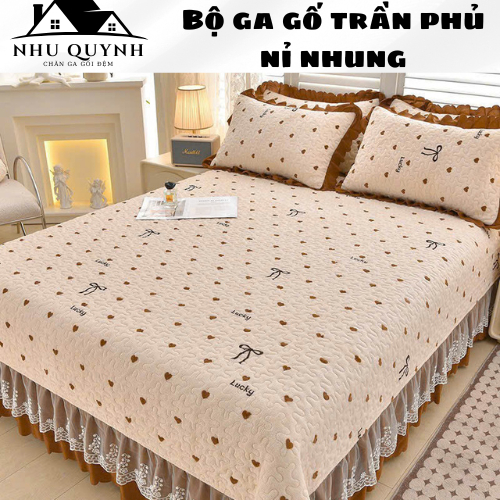 Set ga gối trần bông phủ viền bèo thương hiệu ga trần bông phủ ga trải giường phủ đủ kích thước m6 m