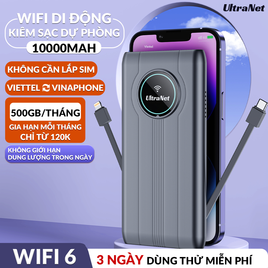 Cục Phát Wifi Di Động UltraNet JS018 - Không Cần Lắp Sim, WiFi 6 Tốc Độ Cao, Kết Nối 12 Thiết Bị