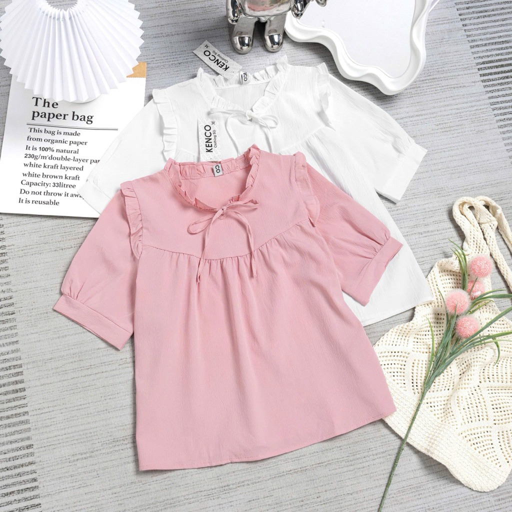Áo babydoll ngắn tay bèo cổ buộc nơ thân trước bổ cúp V bồng nhún phong cách Hàn Quốc có bigsize M1019 | BigBuy360 - bigbuy360.vn