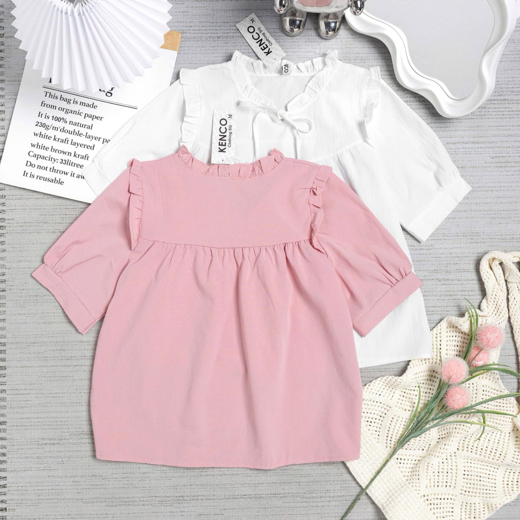 Áo babydoll ngắn tay bèo cổ buộc nơ thân trước bổ cúp V bồng nhún phong cách Hàn Quốc có bigsize M1019 | BigBuy360 - bigbuy360.vn