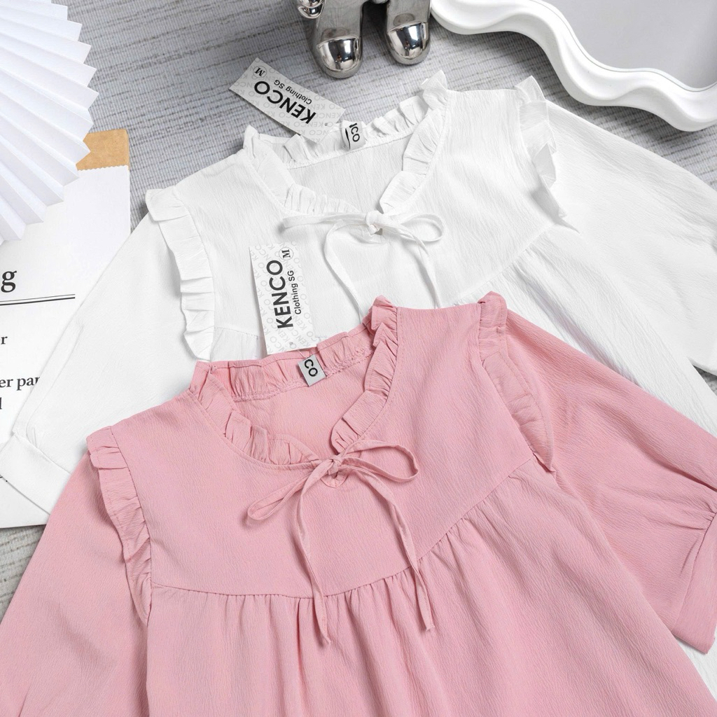 Áo babydoll ngắn tay bèo cổ buộc nơ thân trước bổ cúp V bồng nhún phong cách Hàn Quốc có bigsize M1019 | BigBuy360 - bigbuy360.vn