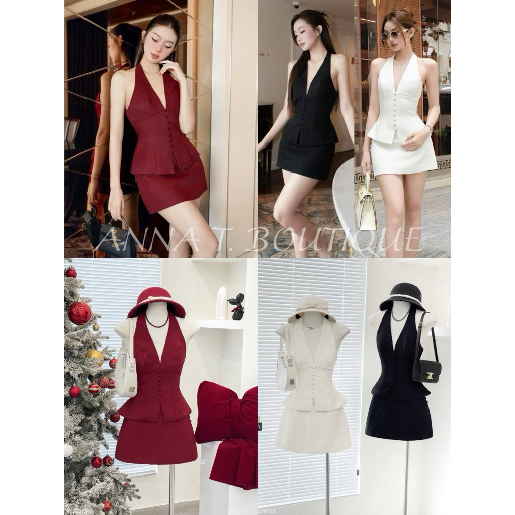Set áo cổ yếm hở lưng nút bọc phối chân váy ngắn 3 màu kem/đen/đỏ sang chảnh COSY – ANNA T. BOUTIQUE