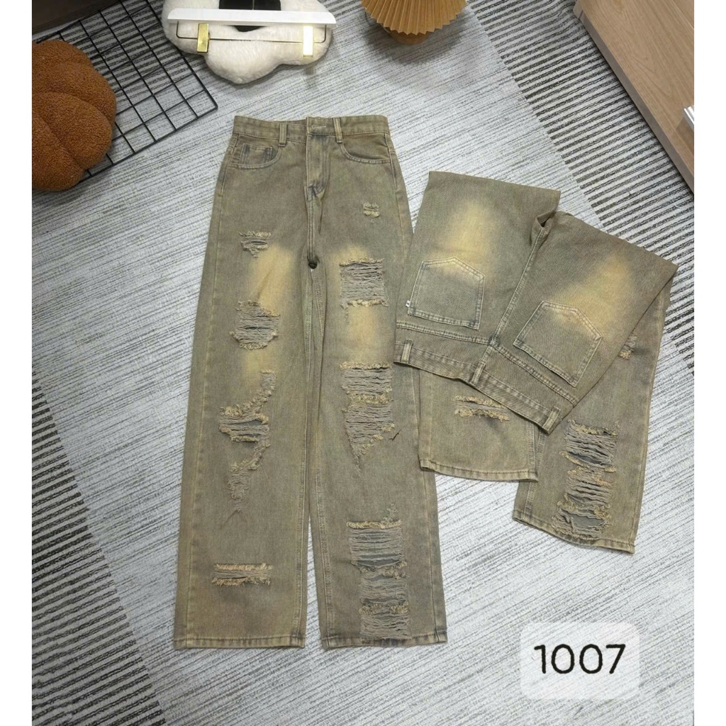 Quần baggy Jean nữ ống rộng lưng cao rách kiểu -Quần jean nữ ống suông màu xanh bụi Phủ Dơ chất jean