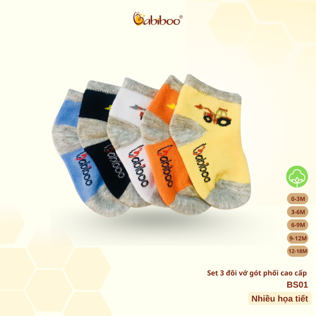 Tất sơ sinh Babiboo vớ cho bé chất cotton mềm mại - BS01 (set 3 đôi)