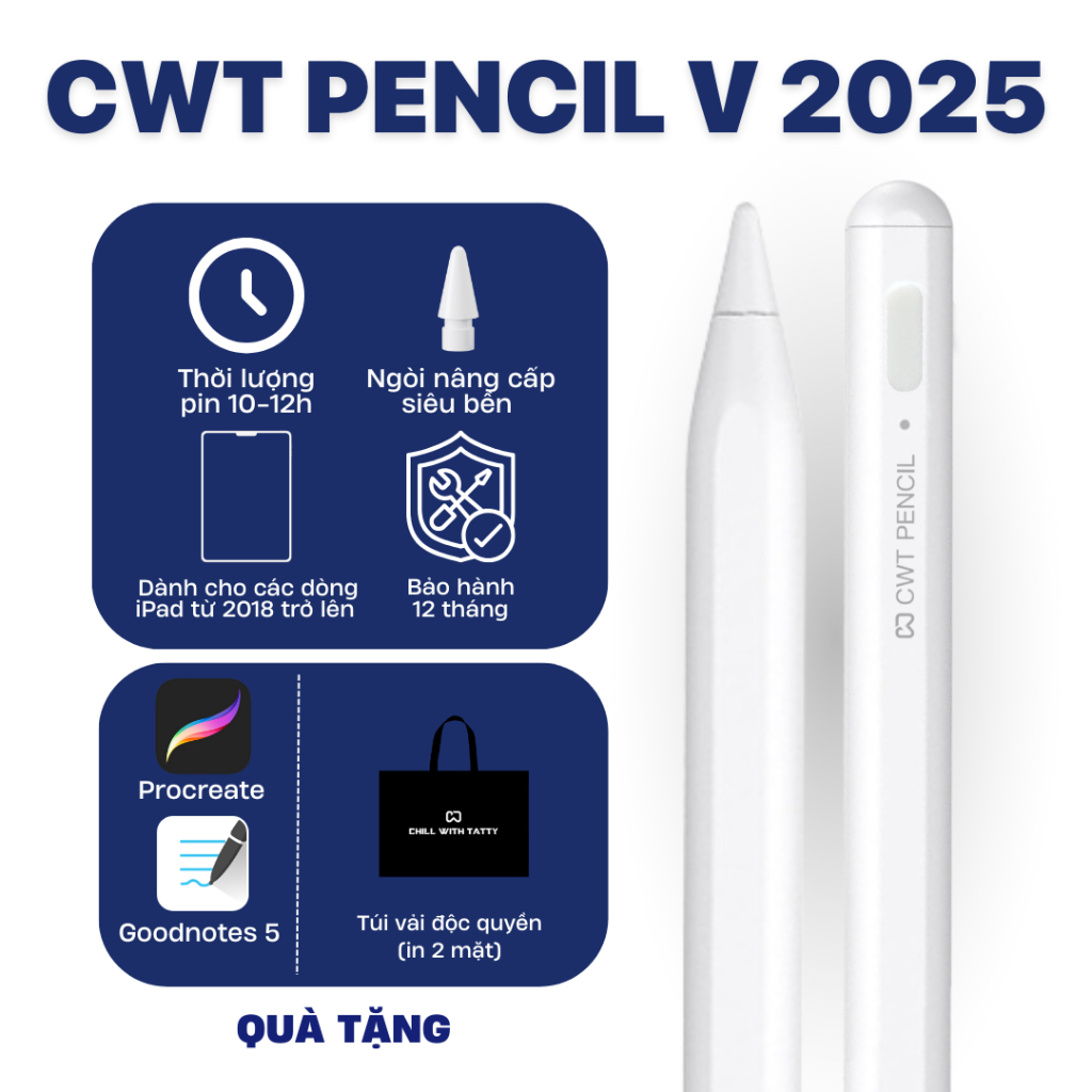 Bút cảm ứng CHILL WITH TATTY CWT PENCIL V 2025 hỗ trợ cảm ứng chống tì đè, sạc nhanh, nét thanh đậm