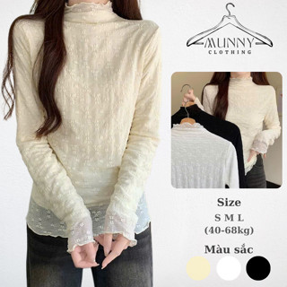  Áo ren lưới nữ dài tay họa tiết MUNNY CLOTHING áo thun dài tay cổ cao dáng ôm 348 