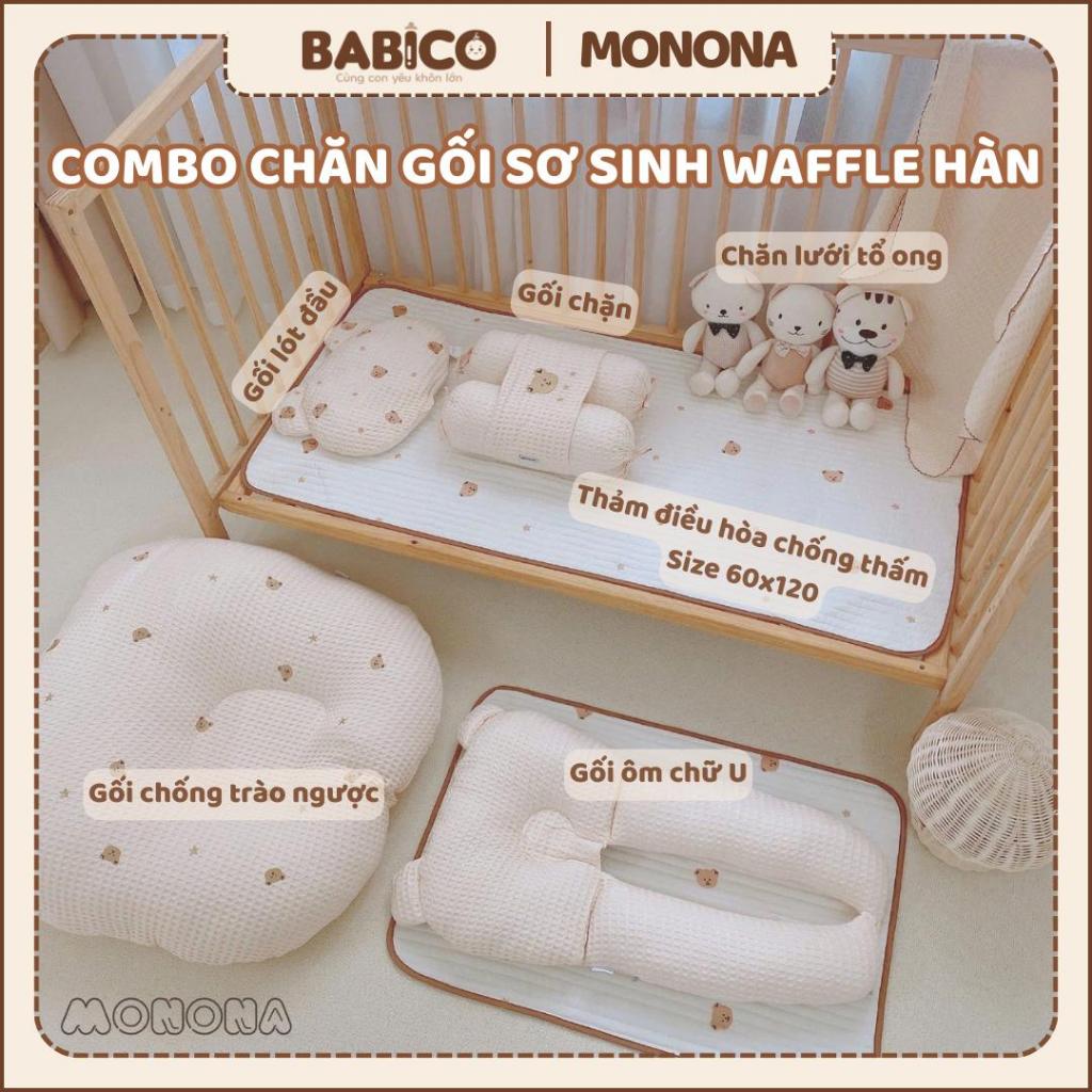 Combo Chăn Gối Sơ Sinh MONONA Tone Hàn Chất Liệu Cotton Waffle Cao Cấp Mềm Mại Cho Bé (6 Món Babico)