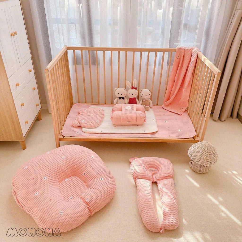 Combo Chăn Gối Sơ Sinh MONONA Tone Hàn Chất Liệu Cotton Waffle Cao Cấp Mềm Mại Cho Bé (6 Món Babico)