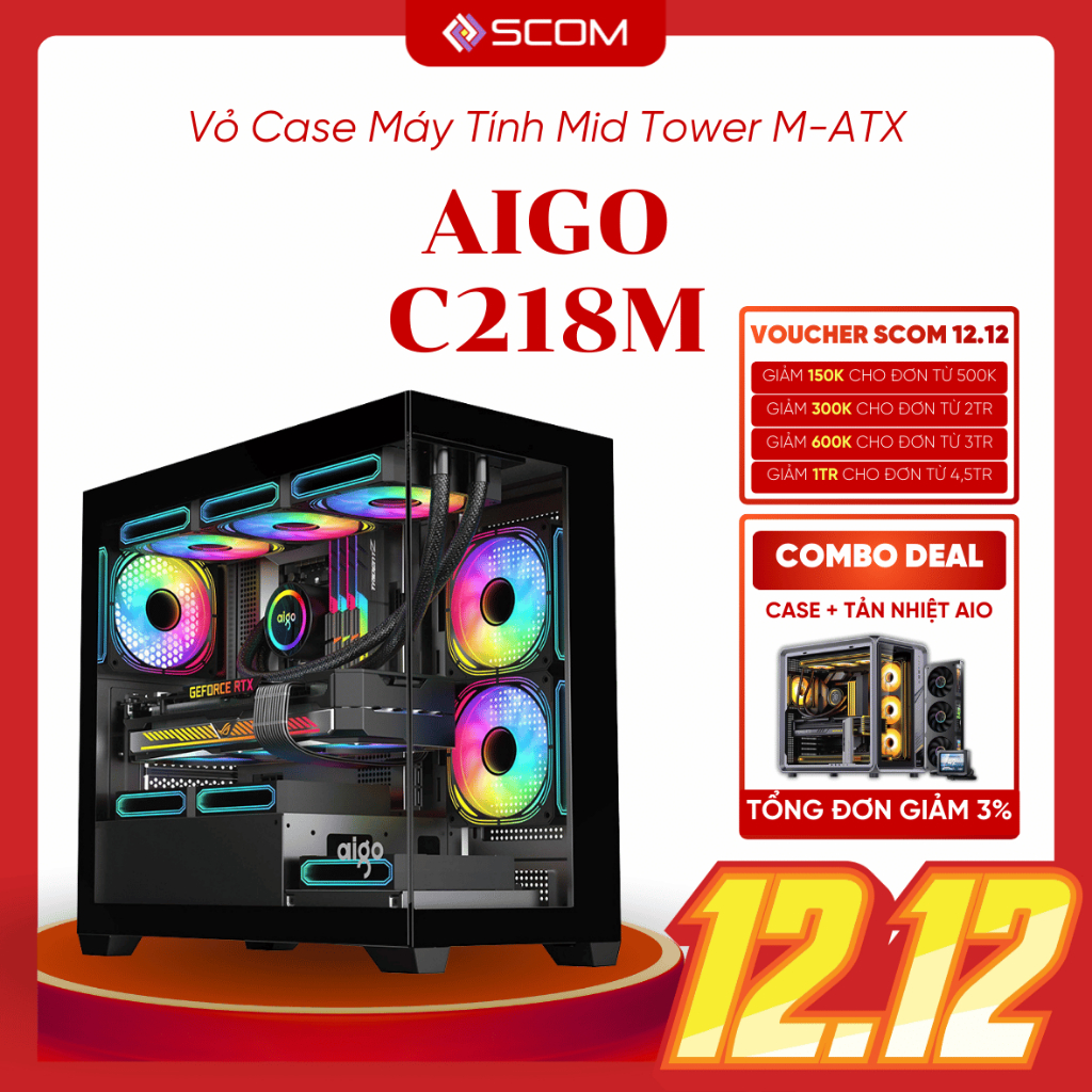  Vỏ Case PC Aigo C218M Case Máy Tính M-ATX Mid Tower Hai Mặt Kính Bể Cá Nhỏ Gọn Giá Rẻ 
