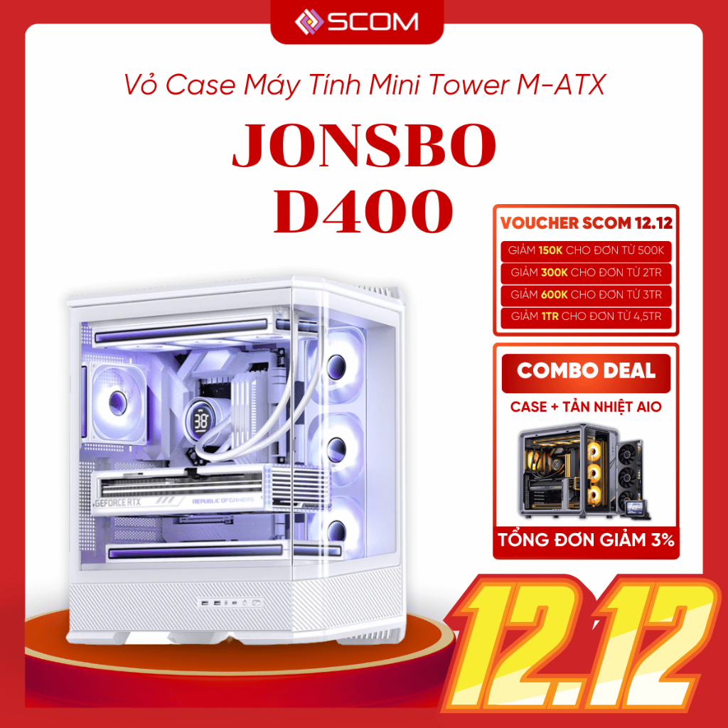  Vỏ Case PC Jonsbo D400 Case Máy Tính ATX Mid Tower Mặt Kính Cong Bể Cá Dựng Card VGA 