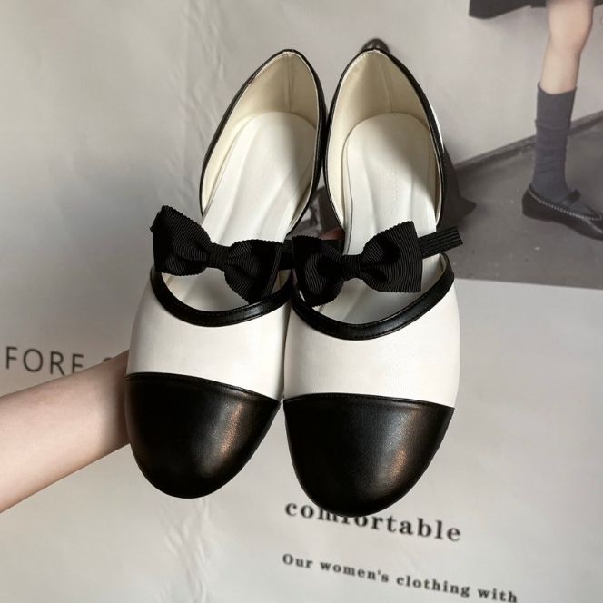 Giày mary jane nữ Blaue Blume phối trắng đen đính nơ Giày búp bê đế thấp - Sulie Slingback