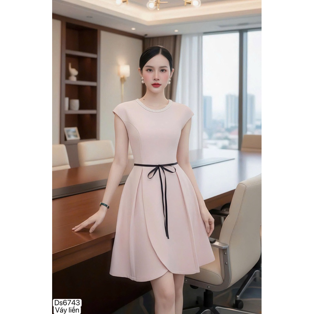 ds6743 Váy thiết kế DVC hồng phấn tiểu thư, đính kết cổ tinh tế, chất liệu chéo Hàn cao cấp
