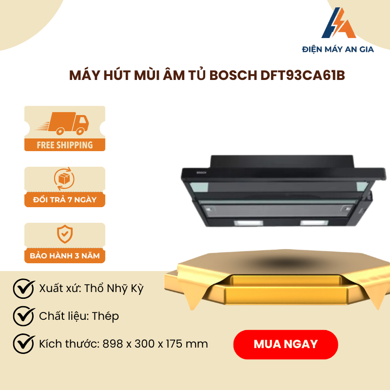 Máy Hút Mùi Bosch DFT93CA61B – 3 Cấp Độ Hút – 2 Lưới Lọc Mỡ – Đèn LED Chiếu Sáng – PEB