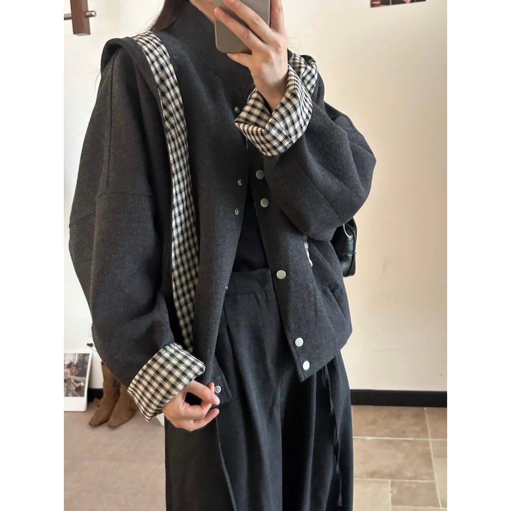 (Mũ Khăn Kẻ Rời): Áo Khoác Dạ Cúc Bấm Mũ Kẻ Bản Khăn Dài Dáng Bomber Hàng 2 Lớp 2 Màu-Ảnh Thật Lollaye | BigBuy360 - bigbuy360.vn