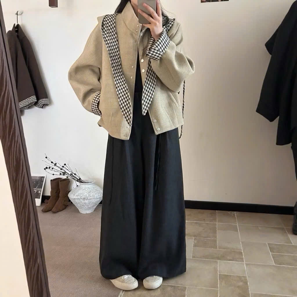 (Mũ Khăn Kẻ Rời): Áo Khoác Dạ Cúc Bấm Mũ Kẻ Bản Khăn Dài Dáng Bomber Hàng 2 Lớp 2 Màu-Ảnh Thật Lollaye | BigBuy360 - bigbuy360.vn