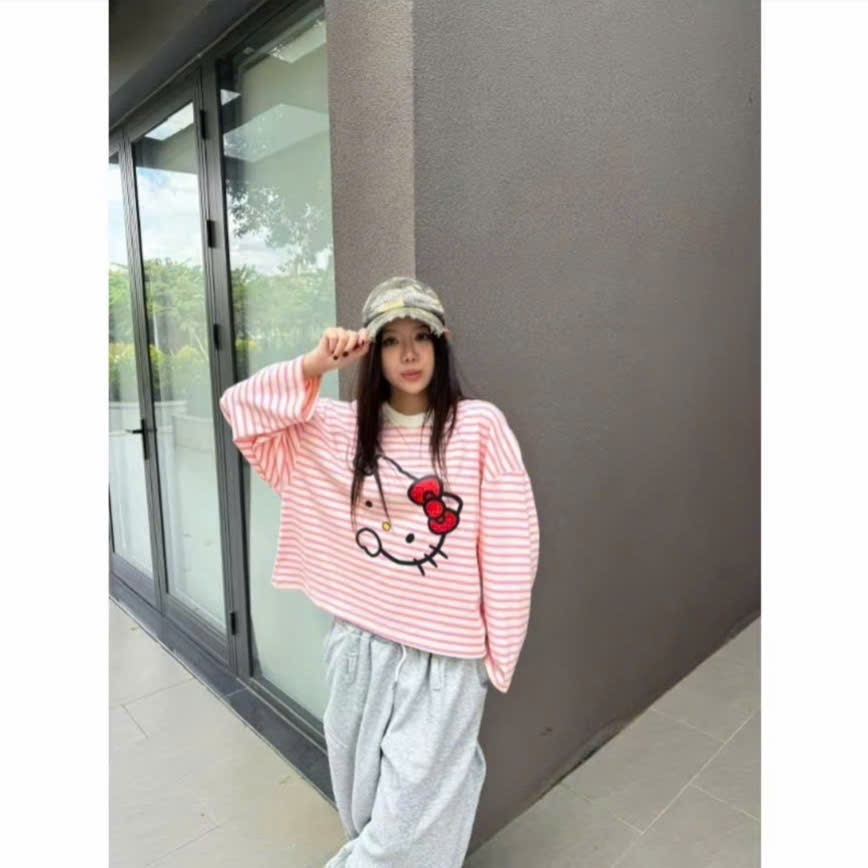 Áo Thun Tay Dài Boxy Logo Hello kitty Áo Longsleev Unisex Kitty Face Chất Thun Dày Dặn Form Rộng Nam Nữ Mặc Được | BigBuy360 - bigbuy360.vn