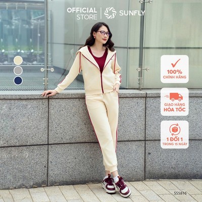 Bộ thể thao nữ poly cotton 2 da áo dài kéo khóa có mũ quần dài SUNFLY SS5816