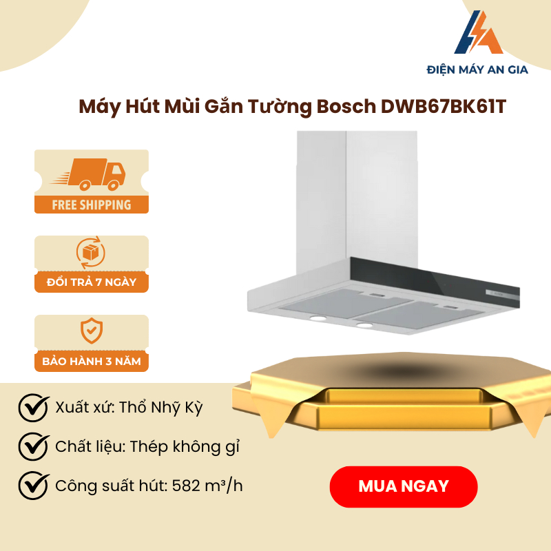 Máy Hút Mùi Áp Tường Bosch DWB67BK61T– Thép Không Gỉ –   3 Cấp Độ –  Tăng Cường – PEB