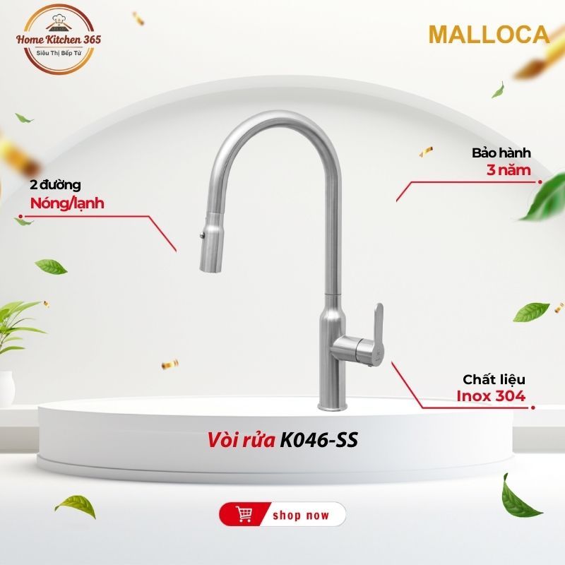 Vòi rửa chén Malloca K046-SS có dây rút - Dây Rút Dễ Dùng, Bảo Hành 3 Năm
