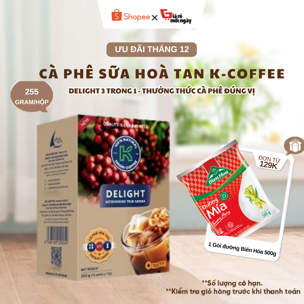 K COFFEE - CÀ PHÊ SỮA HÒA TAN DELIGHT 3 TRONG 1 - 255G/15 GÓI