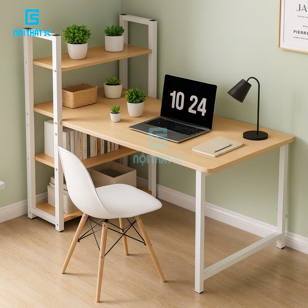 Bàn Làm Việc, Bàn Học Nội Thất 5C BH-014, Chân Sắt Sơn Tĩnh Điện 25x25mm, Mặt Gỗ MDF Dày 15mm Kèm Giá Sách