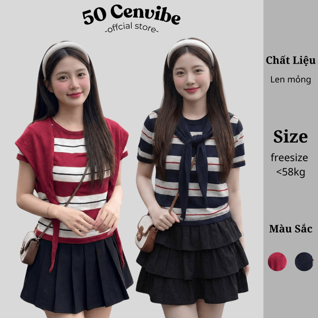 Áo Len Dệt Kim Cộc Tay Kèm Khăn Choàng Kẻ Ngang Hottrend Phong Cách Ulzzang (50Cenvibe.Clothing) 1-4
