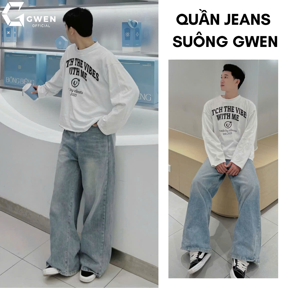 Quần jean nam GWEN ống SUÔNG rộng form rộng lưng cao XANH NHẠT WASH