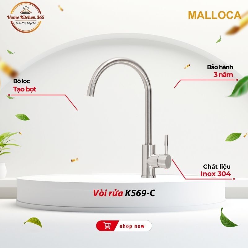Vòi rửa chén Malloca K569-C – Inox 304 Cao Cấp, Bảo hành 3 Năm