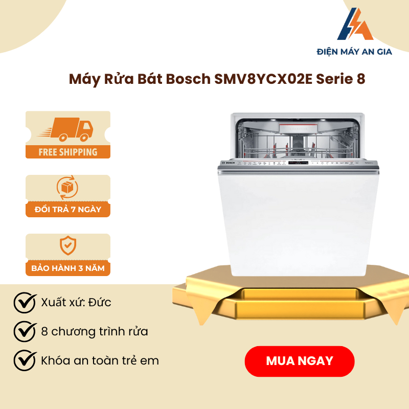 Máy Rửa Bát Âm Tủ Bosch SMV8YCX02E Serie 8 – 14 Bộ – 8 Chương Trình Rửa – Cảm Ứng Hiện Đại - PEB
