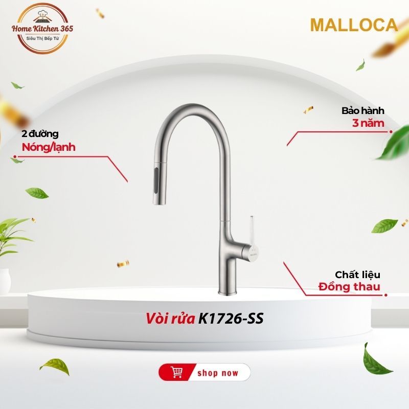 Vòi Rửa Chén Bát Inox Malloca K1726-SS - Đầu Xịt 2 Chế Độ, Inox Bền Đẹp