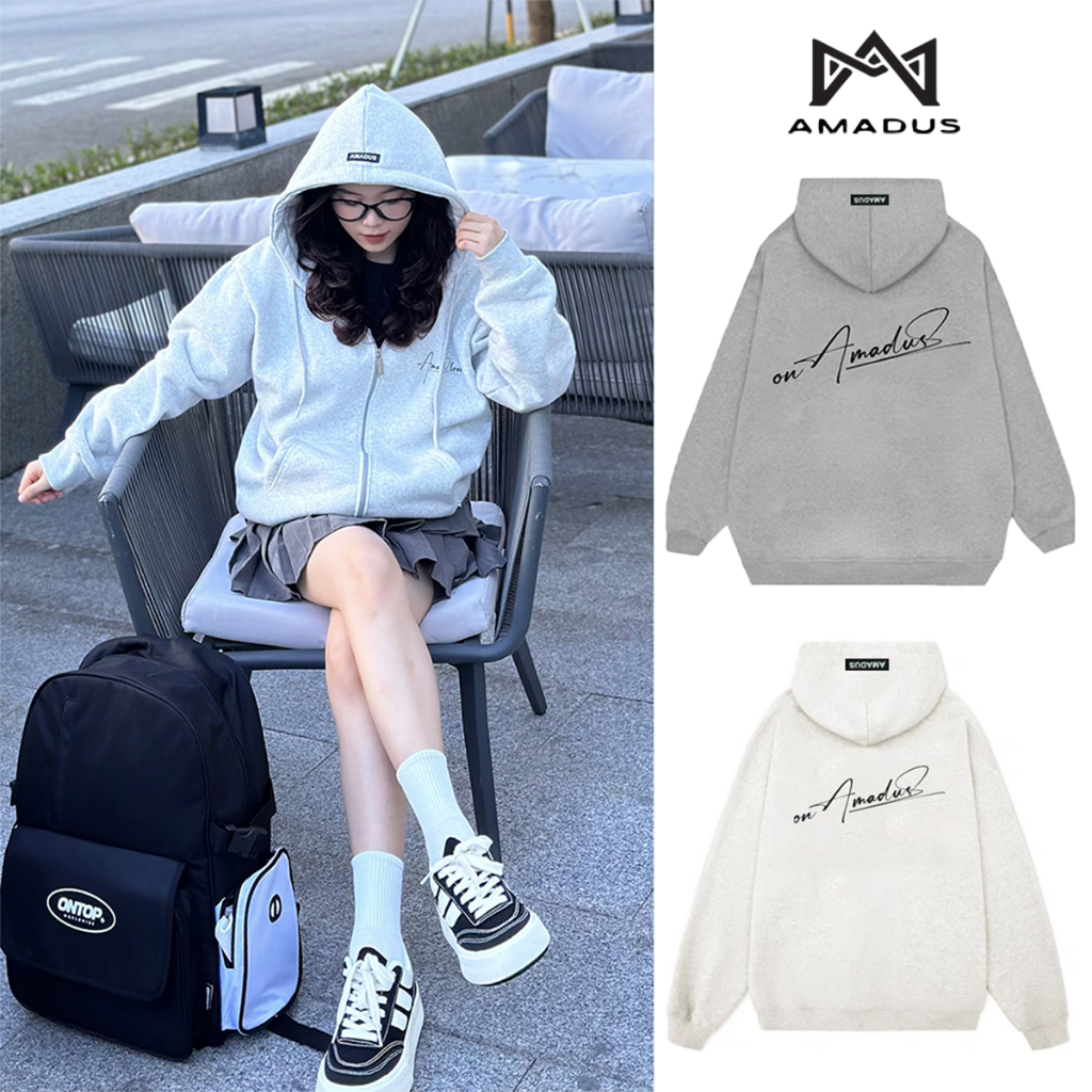 HOODIE ZIP in chữ kí AMADUS NỈ BÔNG & NỈ 2 DA Form Unisex Nam Nữ Kéo Khóa - AD11 | BigBuy360 - bigbuy360.vn