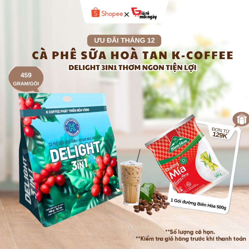 K COFFEE - CÀ PHÊ SỮA HÒA TAN DELIGHT 3 TRONG 1 - 459G/24 GÓI