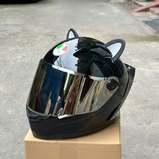  Mũ bảo hiểm Fullface A-G-U đen bóng tặng tai mèo gắn sẵn đuôi gió 