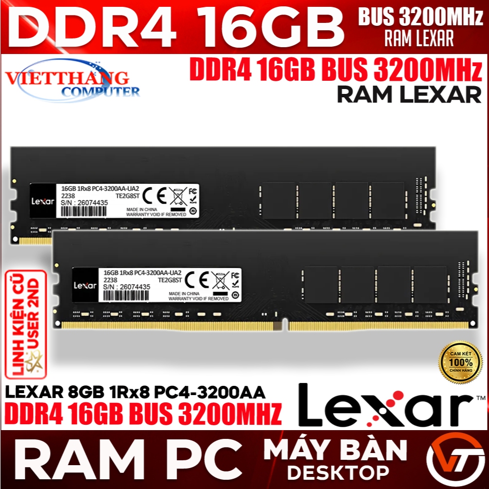 Ram Máy Tính DDR4 16GB Bus 3200MHz Lexar Chính hãng Mai Hoàng Cũ đã qua sử dụng còn đẹp ( Cũ - 2nd )