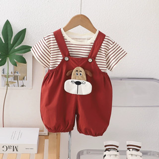  Set Áo Thun Tay Ngắn Sọc Yếm Quần Họa Tiết Cún Cho Bé Trai 1-5 Tuổi MINTSCLOSET Quảng Châu - YE5227 