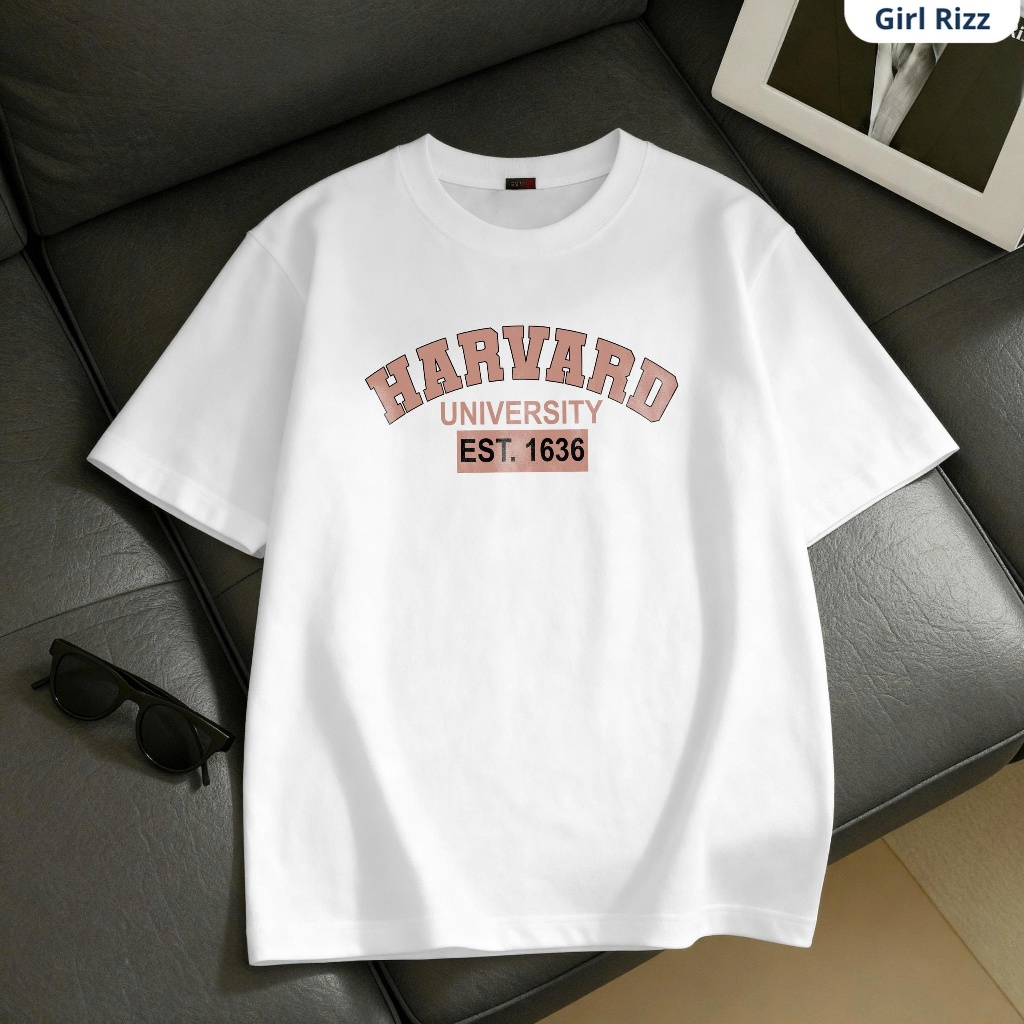 Áo Thun Unisex Form Rộng Girl Rizz In Chữ HARVARD UNIVERSITY EST.1636 - Phong Cách College Mỹ, Nam N
