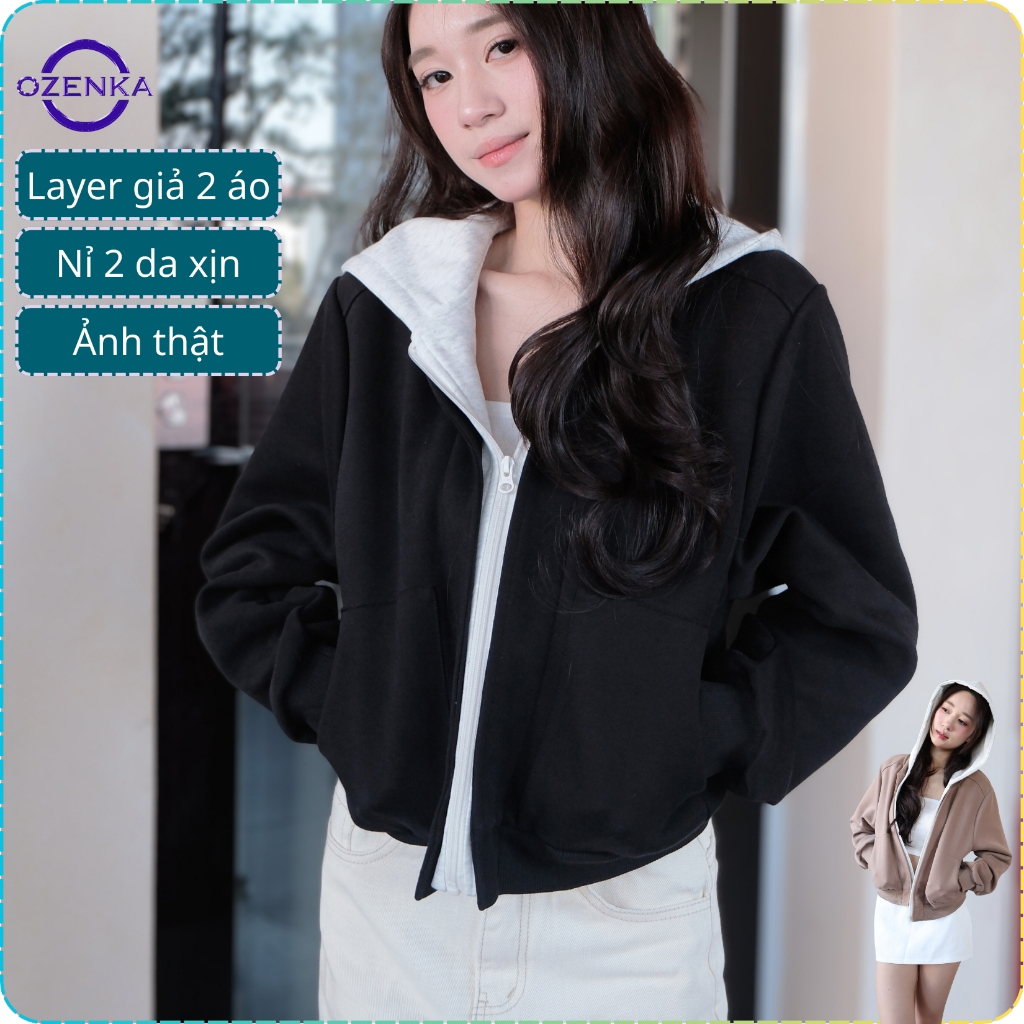 Áo Khoác Hoodie Zip Nỉ Croptop Ozenka Phối Layer - Áo Nỉ 2 Da Dày Dặn Mùa Đông Phong Cách Hàn Quốc m