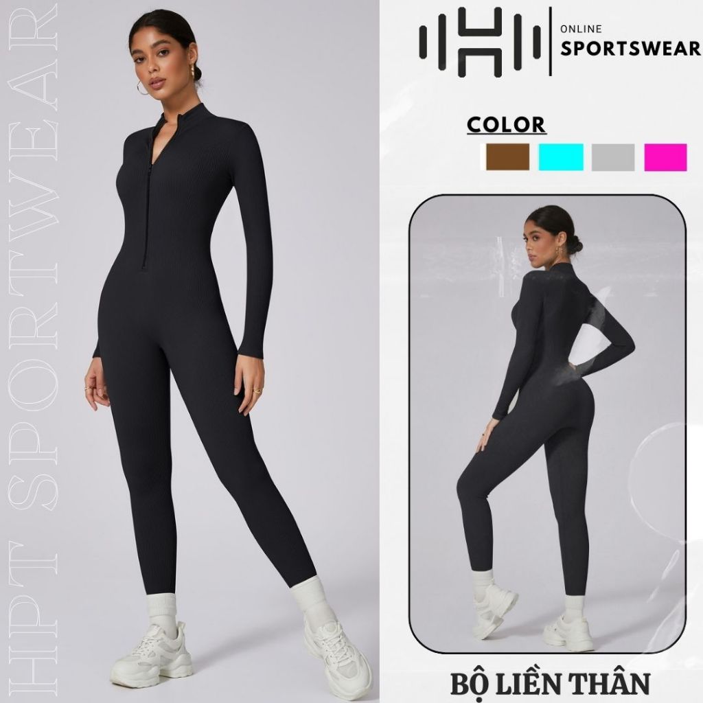 HPT Đồ Tập Gym Bodysuit Dài Tay Quần Dài Có Khóa Kéo Hở Cổ Jumpsuit Tập Gym Đồ Tập Yoga Cao Cấp Cho 
