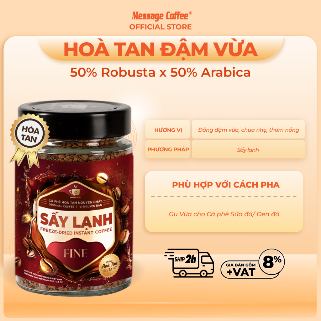 Cà Phê Hòa Tan Sấy Lạnh Hũ 80g, tinh chất cafe rang xay nguyên chất, tiện lợi, dùng liền từ Message Coffee