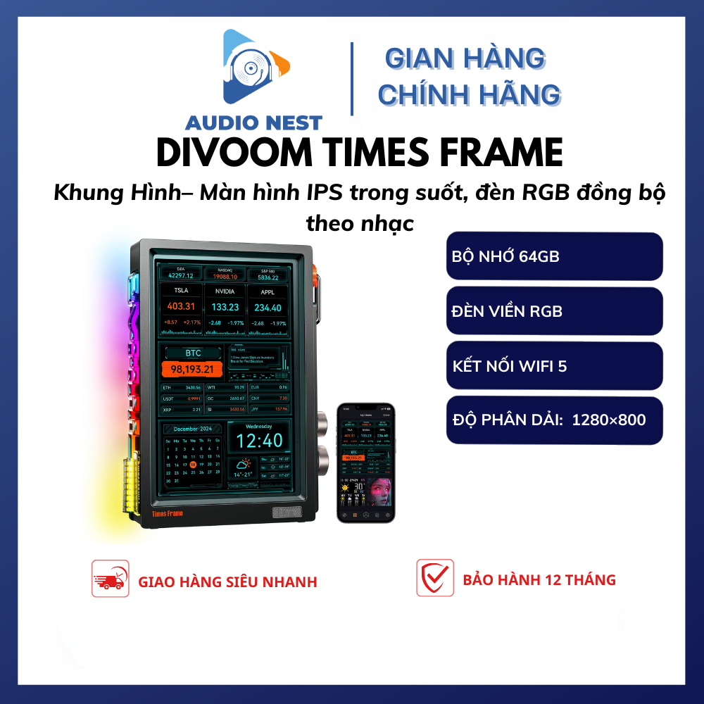 Khung Hình Divoom Times Frame – Màn hình IPSTrong Suốt, Đèn RGB Đồng Bộ Theo Nhạc - Bảo Hành 12 Thán