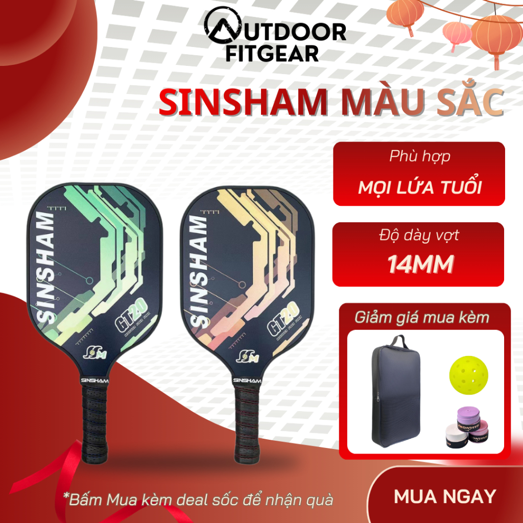 Vợt pickleball carbon SINSHAM 14mm sợi thủy tinh siêu nhẹ cao cấp tặng Bóng