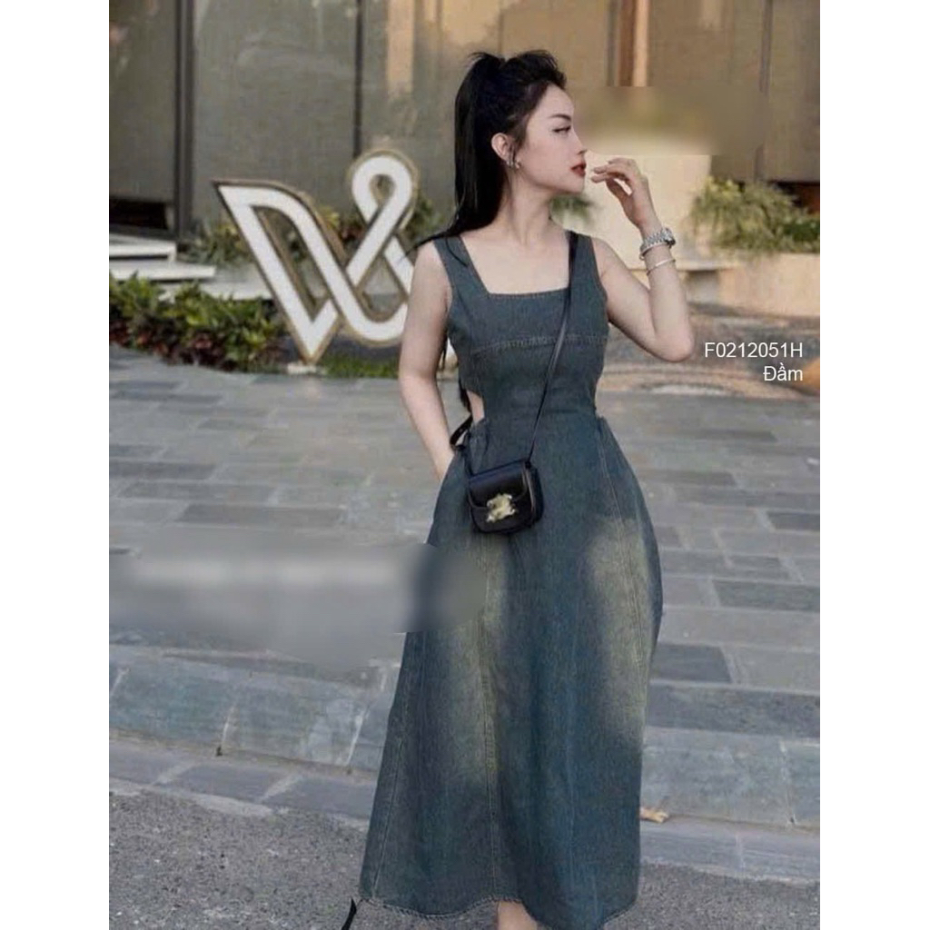 Đầm jean xòe 2 dây khoét eo, cổ vuông sang trọng TMT HOUSE