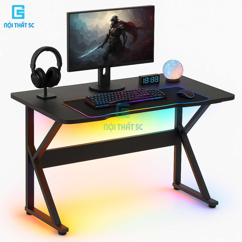 Bàn Làm Việc Chân K, Bàn Gaming LED Nội Thất 5C Mặt Gỗ MDF Tích Hợp LED RGB, Chân Sắt Sơn Tĩnh Điện 
