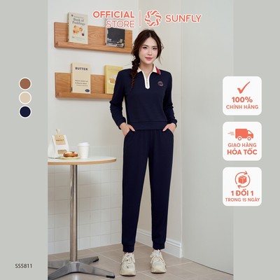Bộ thể thao nữ poly gân áo dài cổ zip khóa lửng quần dài thể thao, năng động SUNFLY SS5811
